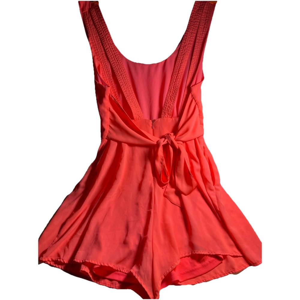 Double Zero Romper L Neon‎ Coral Pink Chiffon Open Back Tie Bow Sleeveless Mini